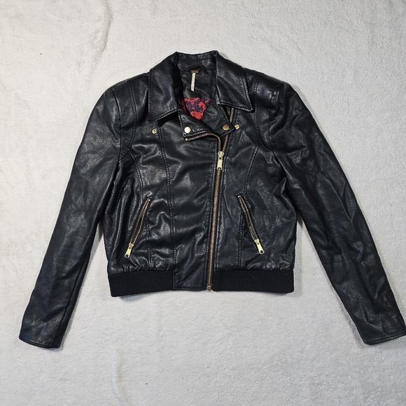 Free People Black Faux Leather Jacket with Gold Zippers - Picture 3 of 14